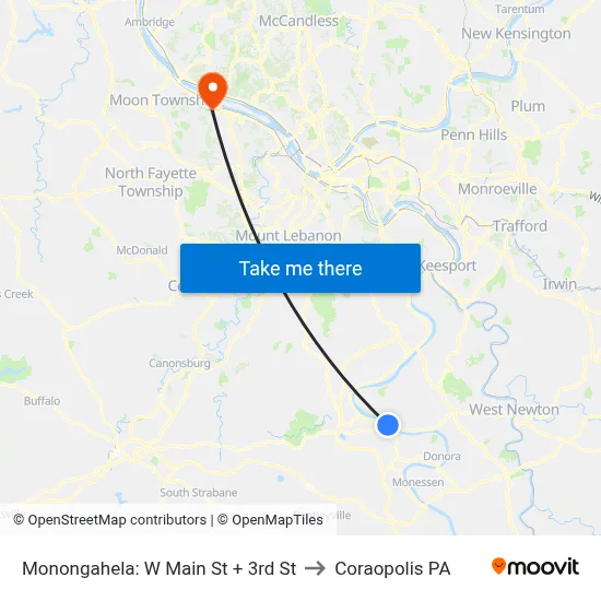 Monongahela: W Main St + 3rd St to Coraopolis PA map