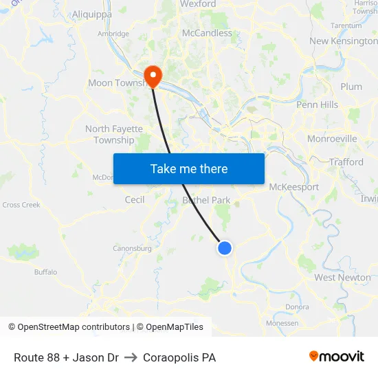 Route 88 + Jason Dr to Coraopolis PA map