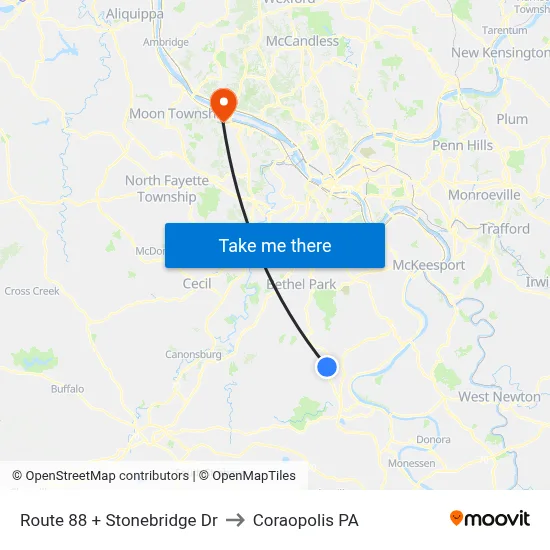 Route 88 + Stonebridge Dr to Coraopolis PA map
