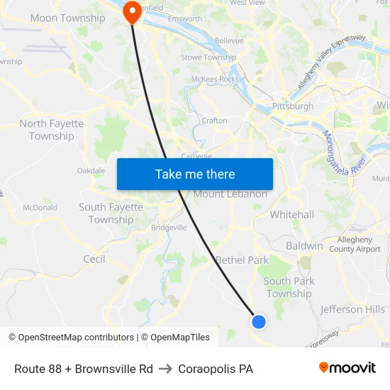 Route 88 + Brownsville Rd to Coraopolis PA map