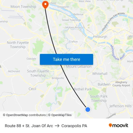 Route 88 + St. Joan Of Arc to Coraopolis PA map