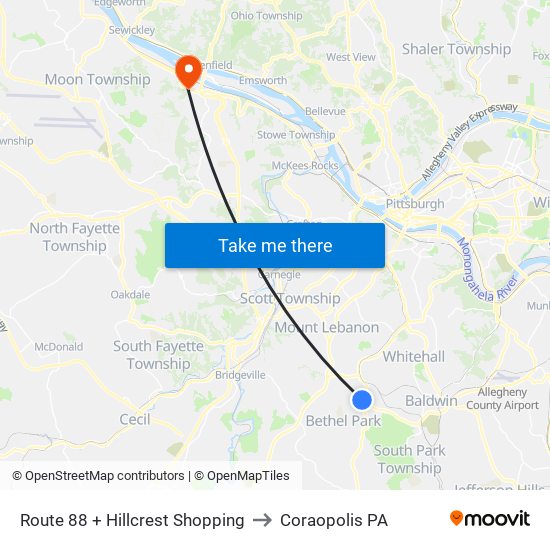 Route 88 + Hillcrest Shopping to Coraopolis PA map