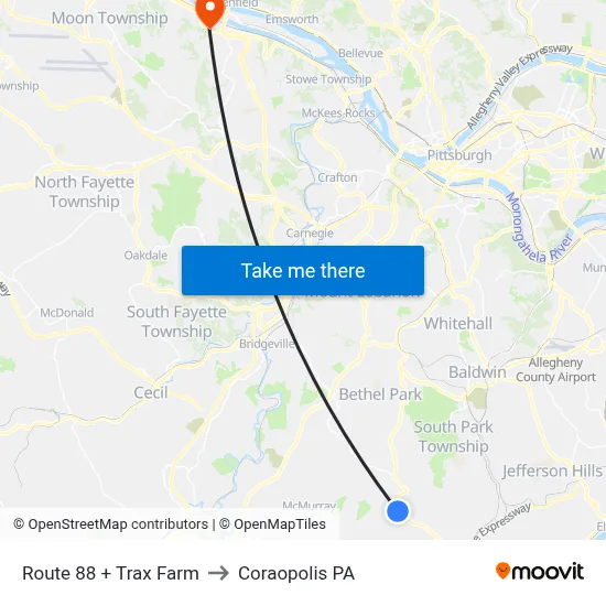 Route 88 + Trax Farm to Coraopolis PA map