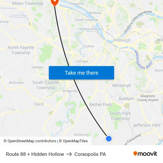 Route 88 + Hidden Hollow to Coraopolis PA map