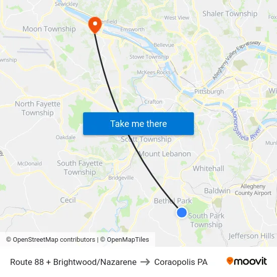 Route 88 + Brightwood/Nazarene to Coraopolis PA map
