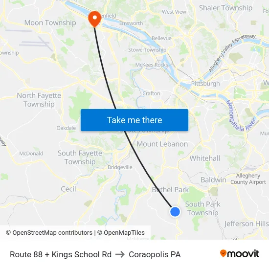 Route 88 + Kings School Rd to Coraopolis PA map