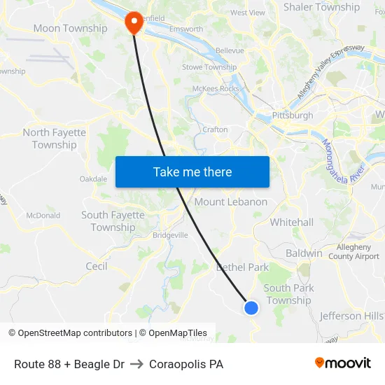 Route 88 + Beagle  Dr to Coraopolis PA map