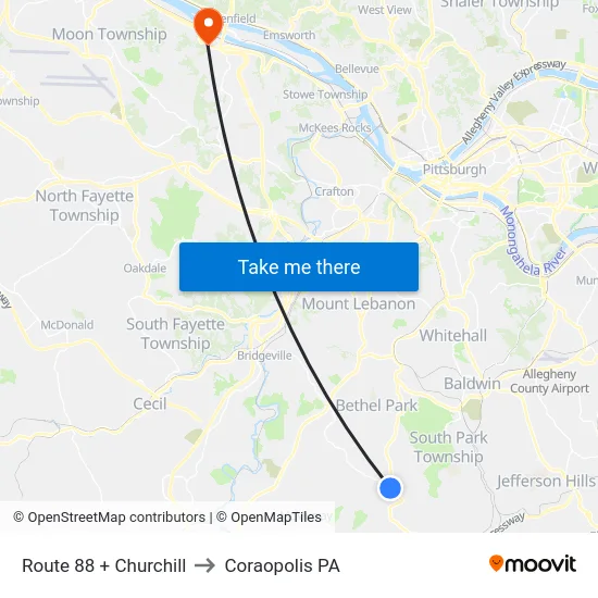 Route 88 + Churchill to Coraopolis PA map