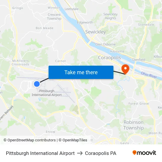 Pittsburgh International Airport to Coraopolis PA map