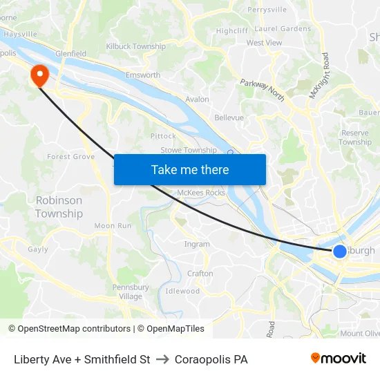 Liberty Ave + Smithfield St to Coraopolis PA map
