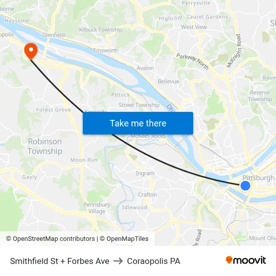 Smithfield St + Forbes Ave to Coraopolis PA map