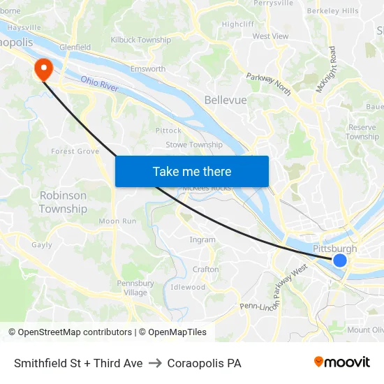 Smithfield St + Third Ave to Coraopolis PA map