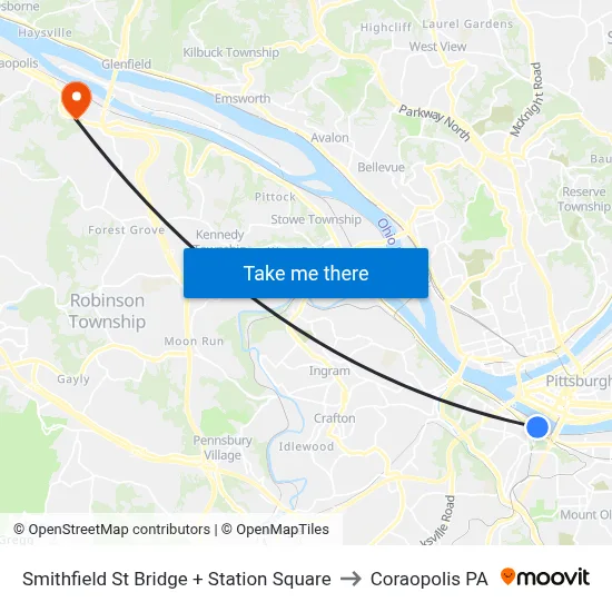 Smithfield St Bridge + Station Square to Coraopolis PA map