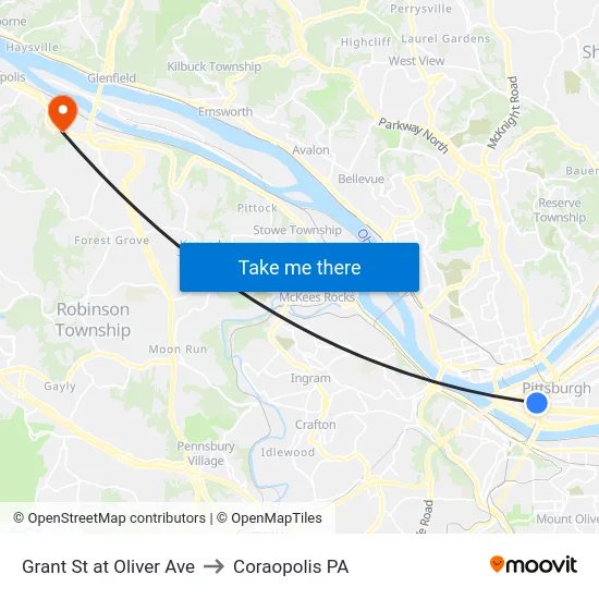 Grant St at Oliver Ave to Coraopolis PA map