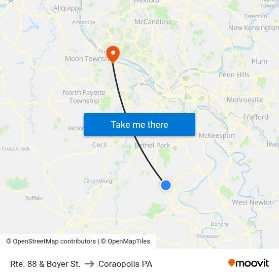 Rte. 88 & Boyer St. to Coraopolis PA map