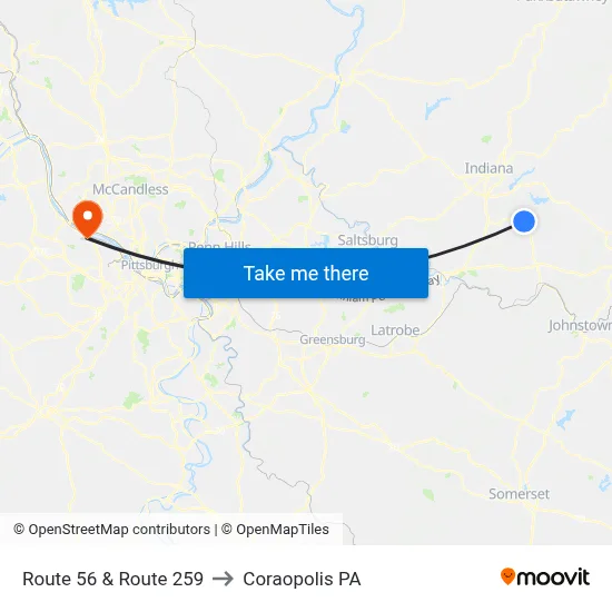 Route 56 & Route 259 to Coraopolis PA map