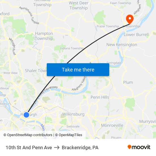 10th St And Penn Ave to Brackenridge, PA map