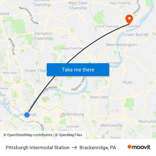 Pittsburgh Intermodal Station to Brackenridge, PA map