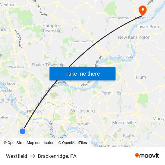 Westfield to Brackenridge, PA map