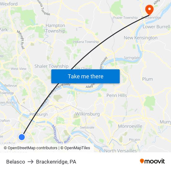 Belasco to Brackenridge, PA map