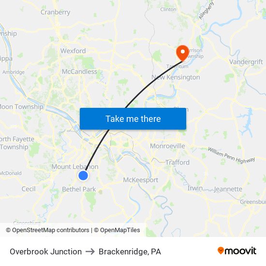 Overbrook Junction to Brackenridge, PA map