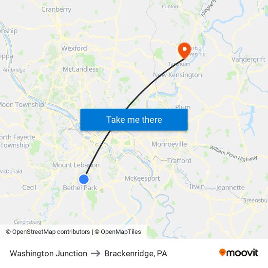 Washington Junction to Brackenridge, PA map