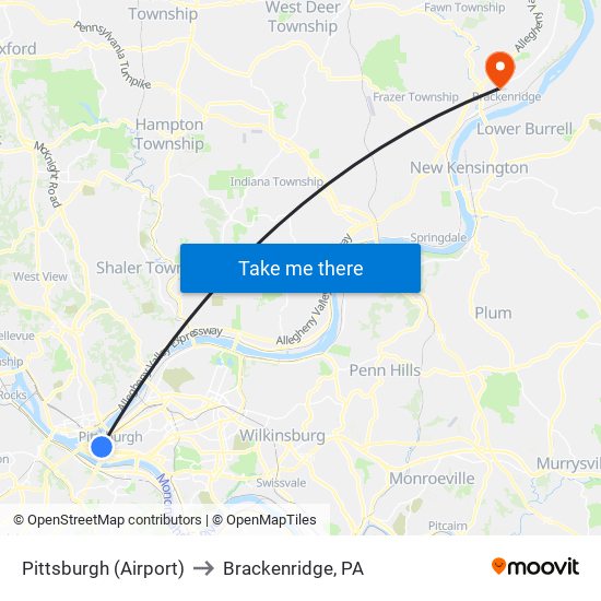 Pittsburgh (Airport) to Brackenridge, PA map