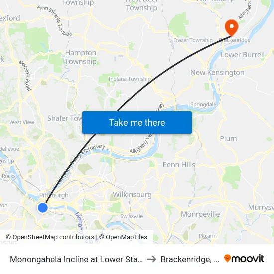 Monongahela Incline at Lower Station to Brackenridge, PA map