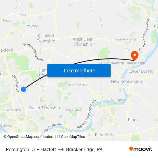 Remington Dr + Hazlett to Brackenridge, PA map