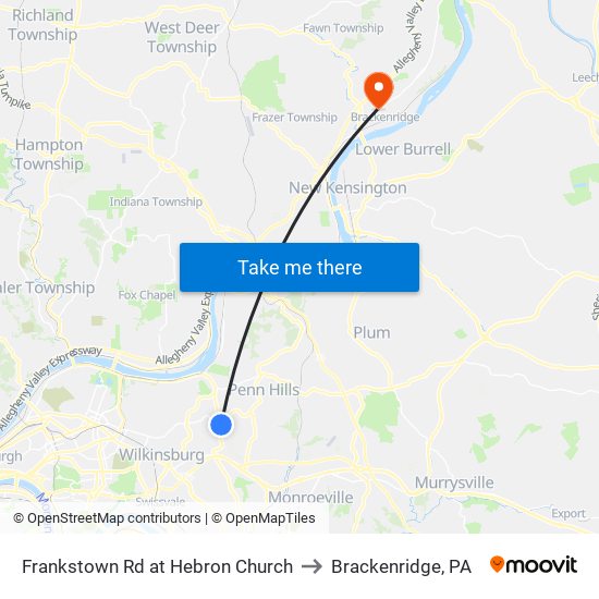 Frankstown Rd at Hebron Church to Brackenridge, PA map