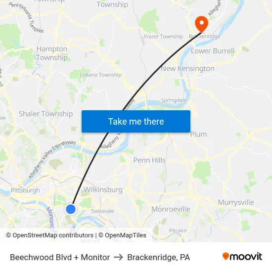 Beechwood Blvd + Monitor to Brackenridge, PA map