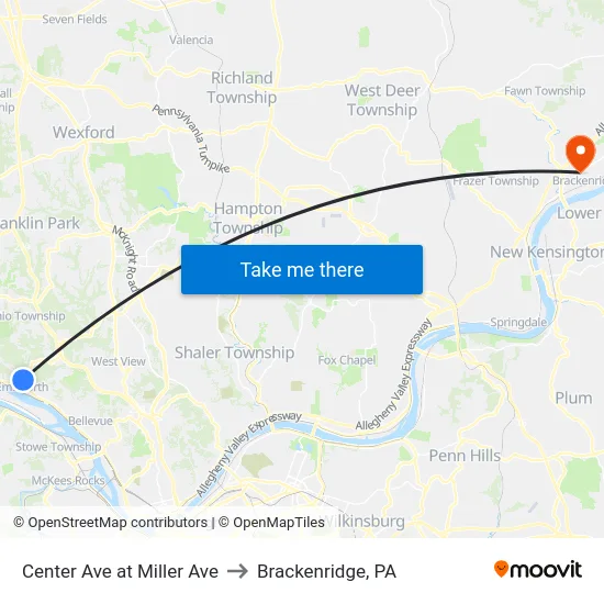 Center Ave at Miller Ave to Brackenridge, PA map