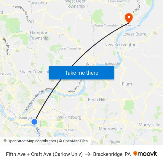 Fifth Ave + Craft Ave (Carlow Univ) to Brackenridge, PA map
