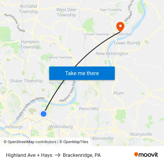 Highland Ave + Hays to Brackenridge, PA map