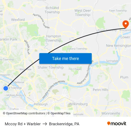 Mccoy Rd + Warbler to Brackenridge, PA map