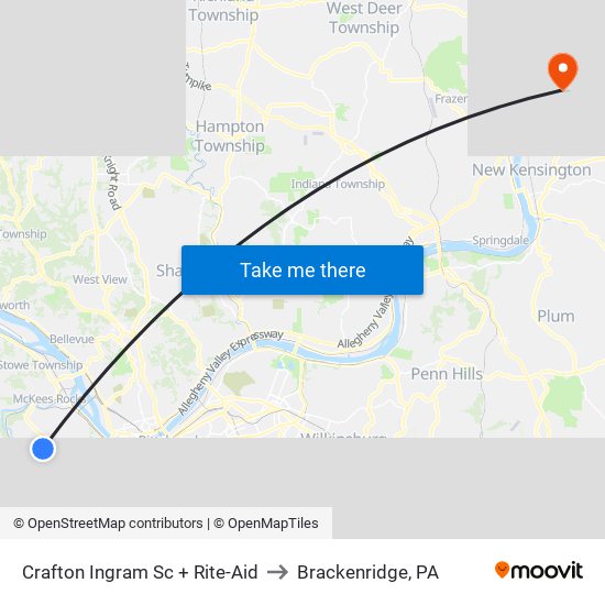 Crafton Ingram Sc + Rite-Aid to Brackenridge, PA map