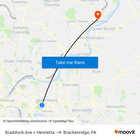 Braddock Ave + Henrietta to Brackenridge, PA map