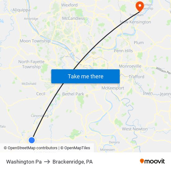 Washington Pa to Brackenridge, PA map