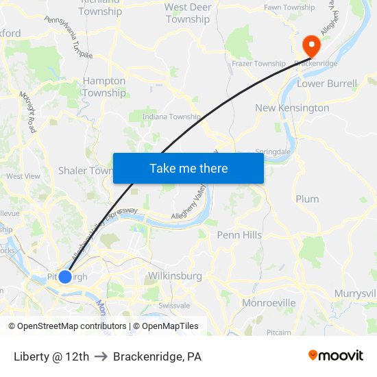 Liberty @ 12th to Brackenridge, PA map