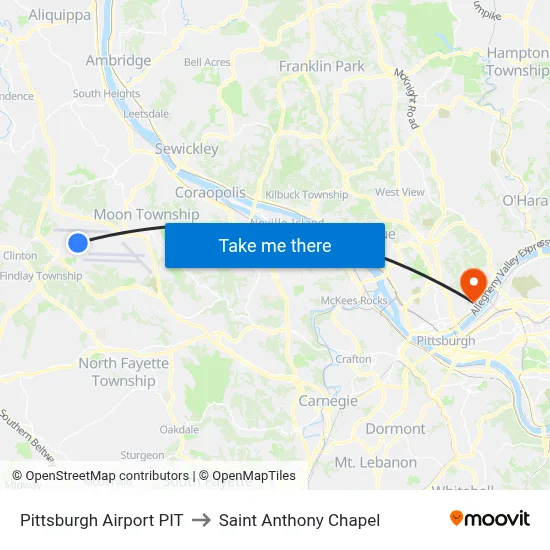 Pittsburgh Airport PIT to Saint Anthony Chapel map