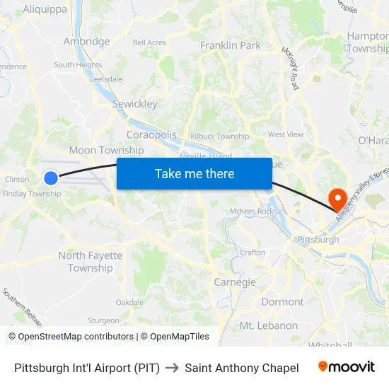 Pittsburgh Int'l Airport (PIT) to Saint Anthony Chapel map