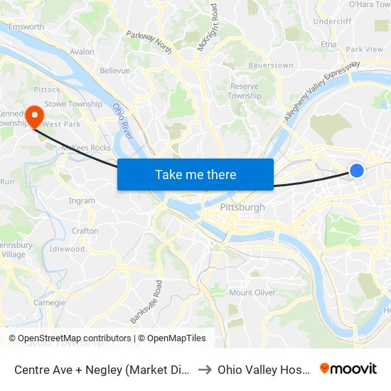 Centre Ave + Negley (Market District) to Ohio Valley Hospital map