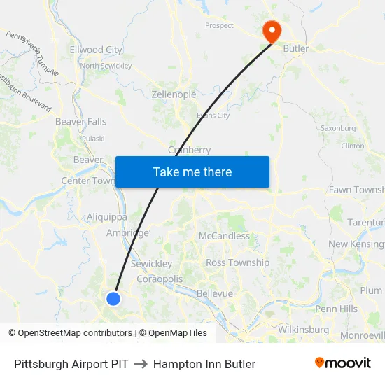 Pittsburgh Airport PIT to Hampton Inn Butler map