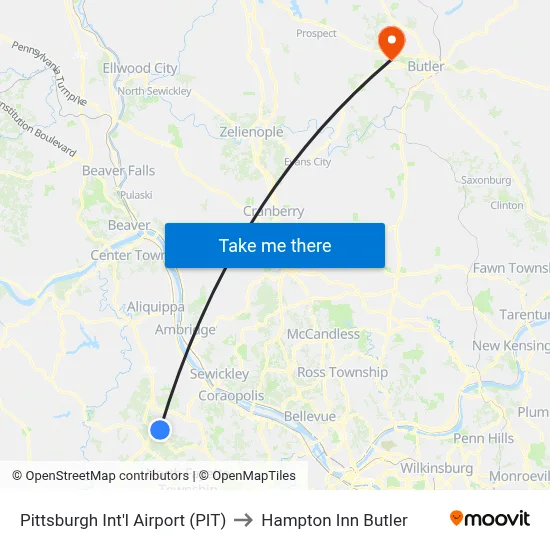 Pittsburgh Int'l Airport (PIT) to Hampton Inn Butler map