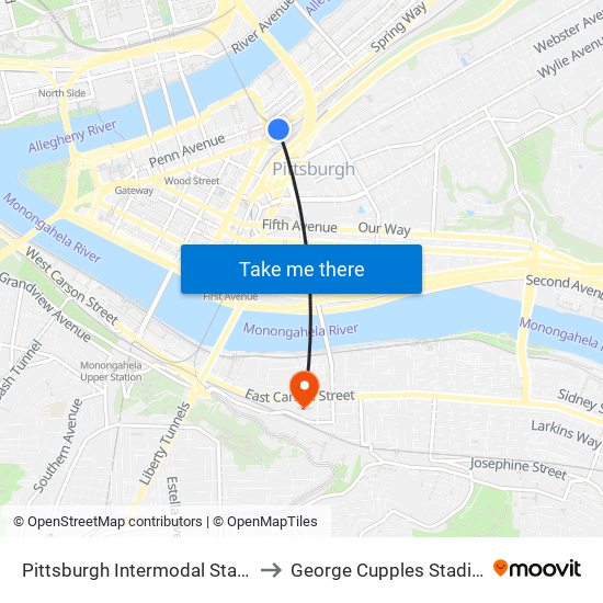 Pittsburgh Intermodal Station to George Cupples Stadium map