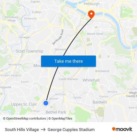 South Hills Village to George Cupples Stadium map