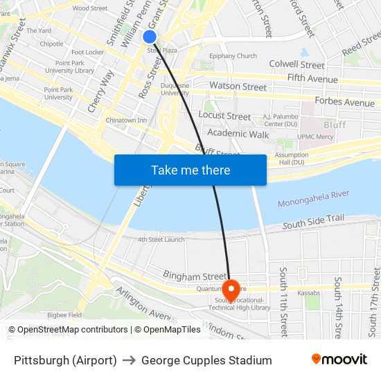 Pittsburgh (Airport) to George Cupples Stadium map