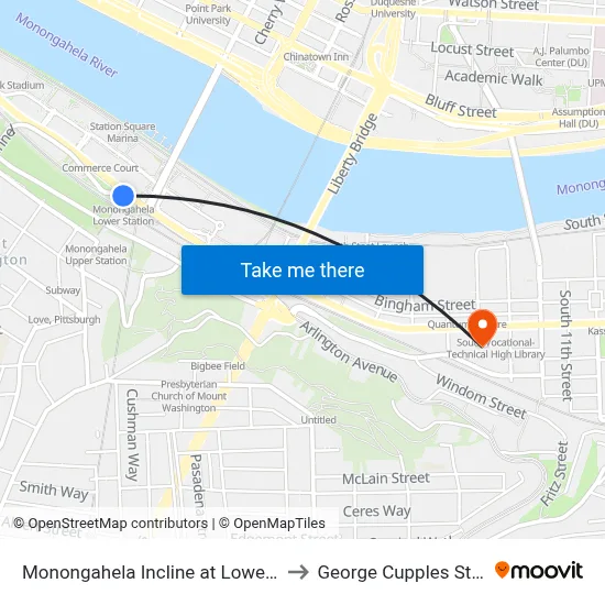 Monongahela Incline at Lower Station to George Cupples Stadium map