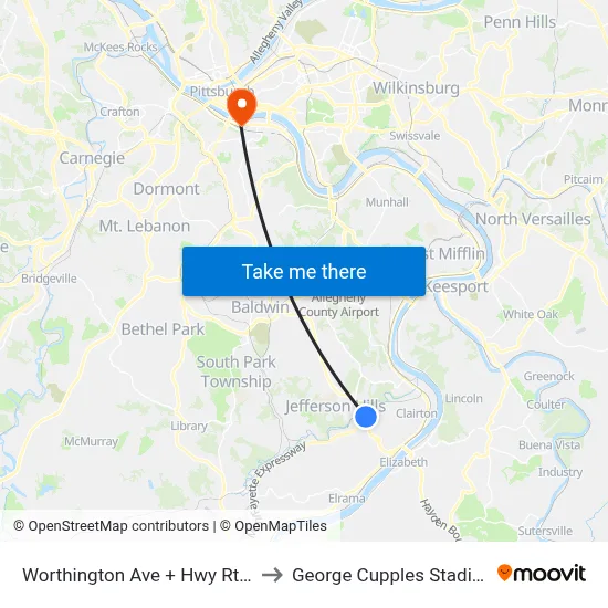 Worthington Ave + Hwy Rt 51 to George Cupples Stadium map