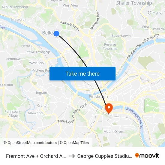 Fremont Ave + Orchard Ave to George Cupples Stadium map